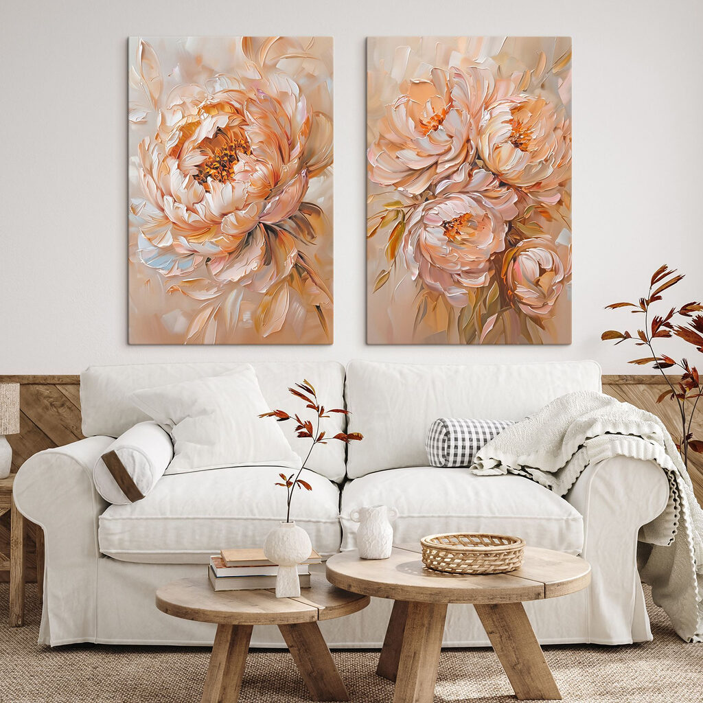 Schilderij van bloemen op doek in een interieur