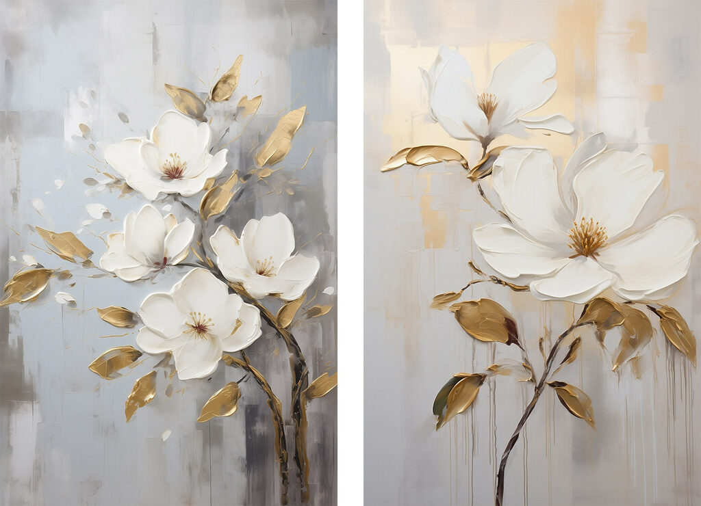 Twee schilderijen van bloemen op een grijze achtergrond — volledig ontwerp