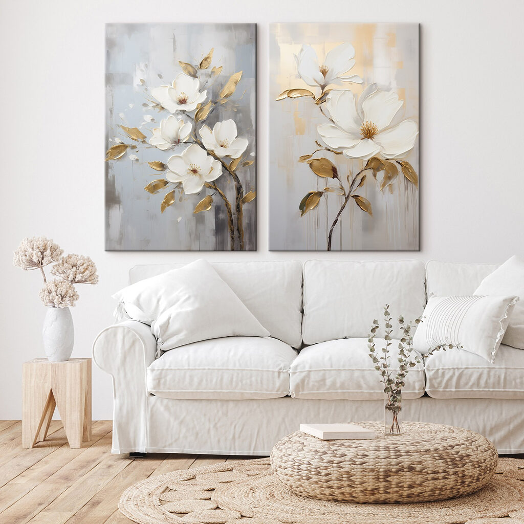 Twee schilderijen van bloemen op een grijze achtergrond — interieur 2