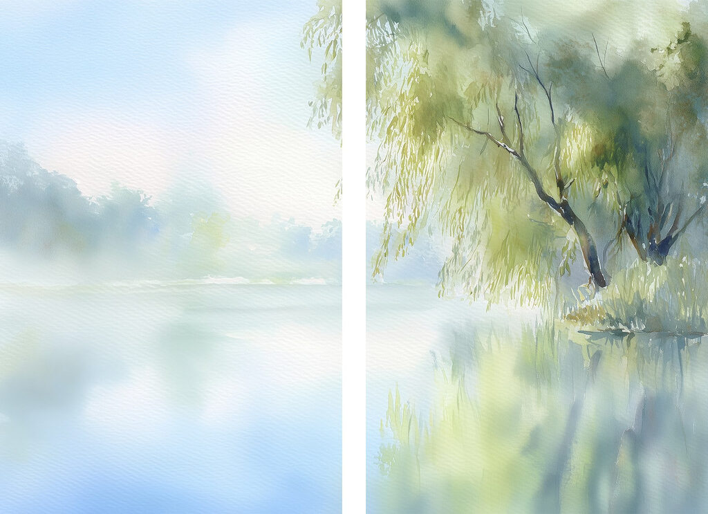 Aquarelschilderij van een boom en een meer — volledig ontwerp