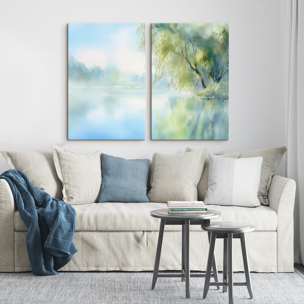 Aquarelschilderij van een boom en een meer — interieur 2