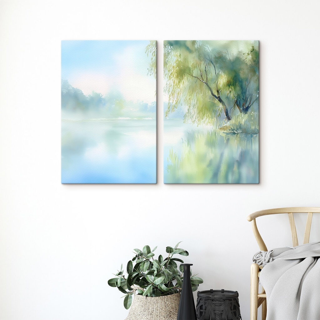 Aquarelschilderij van een boom en een meer — interieur 1
