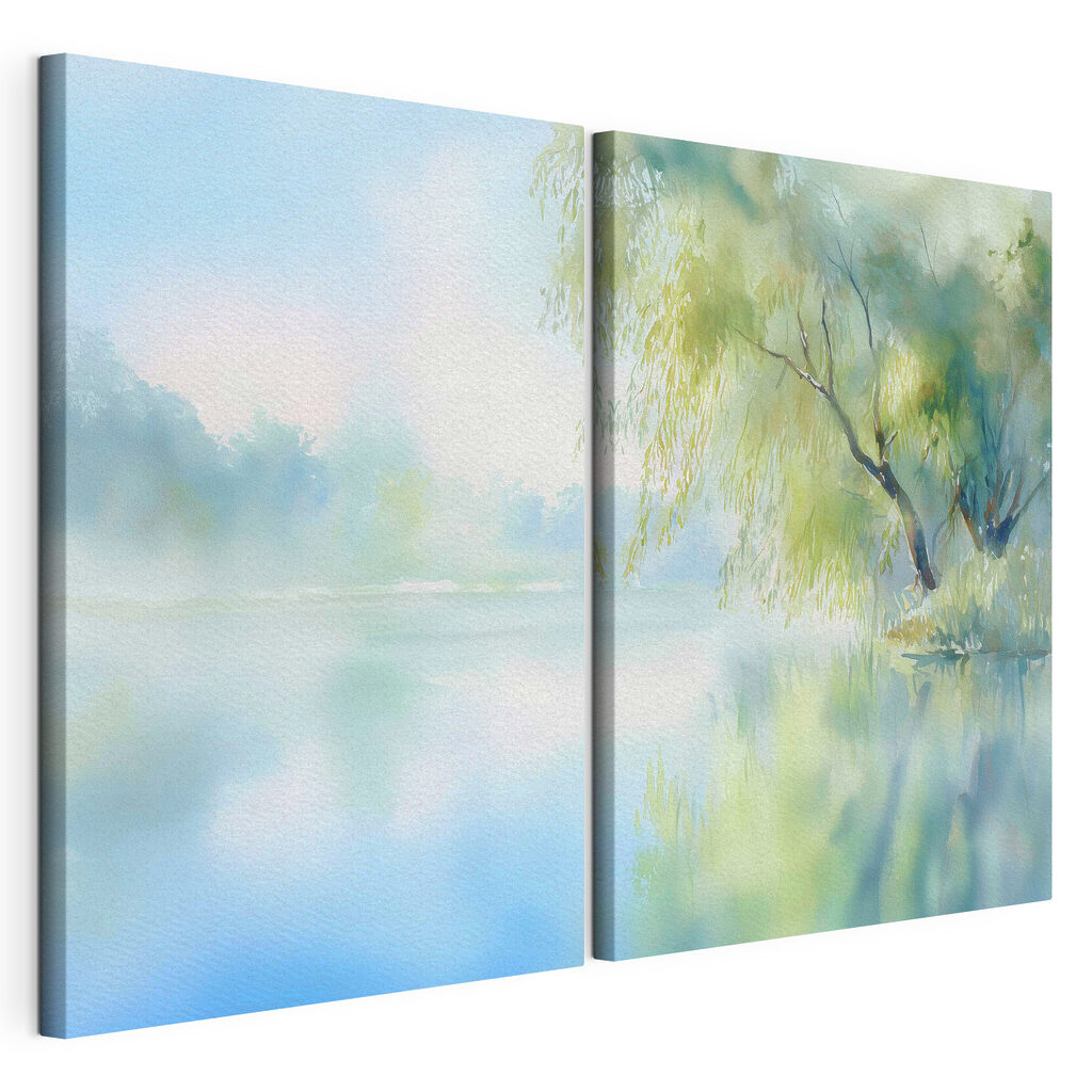 Aquarelschilderij van een boom en een meer — productweergave