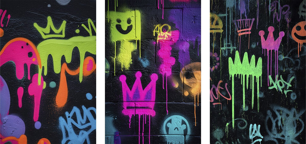 Levendige straatkunst met speelse ontwerpen — volledig ontwerp