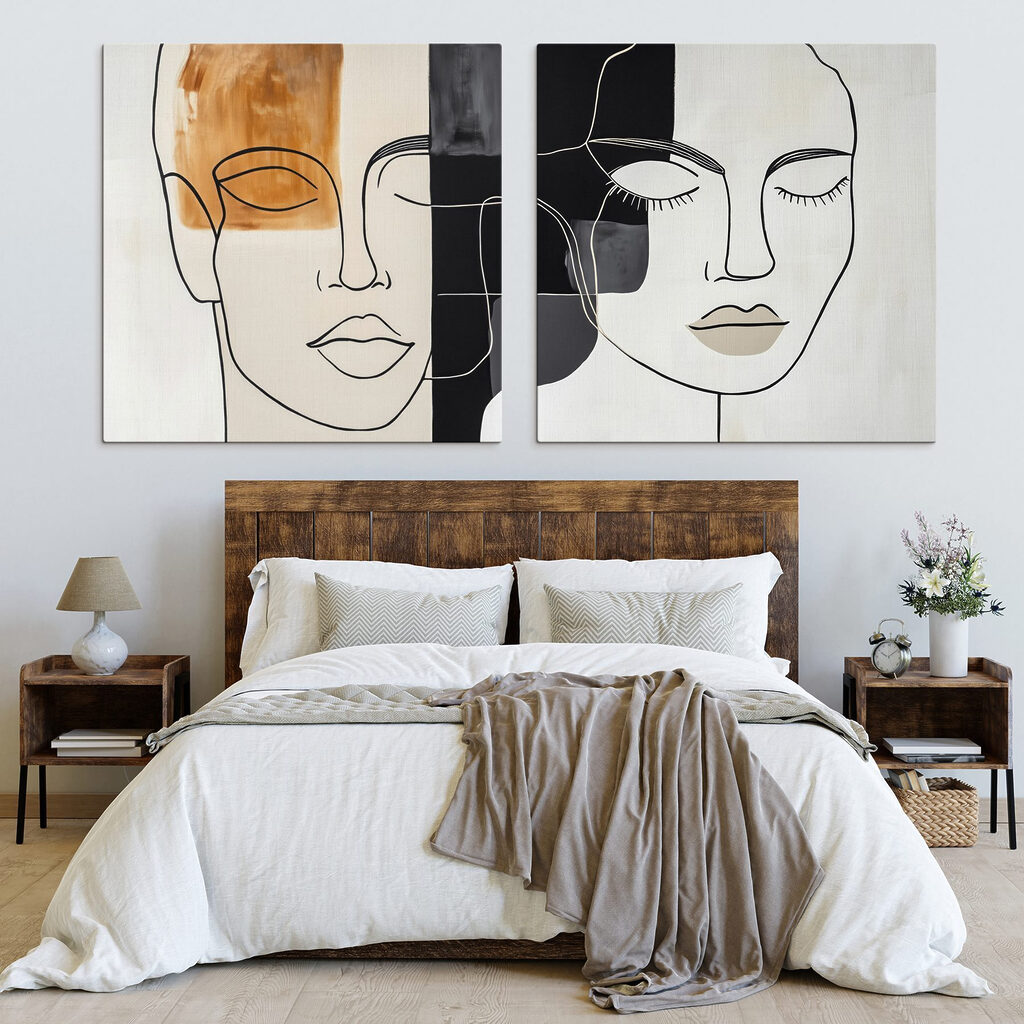 Schilderij van het gezicht van een vrouw in een interieur