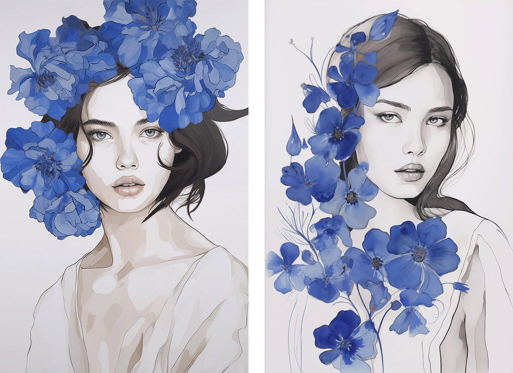 Collage van een vrouw met bloemen op haar hoofd — volledig ontwerp