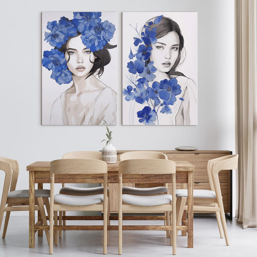 Collage van een vrouw met bloemen op haar hoofd in een interieur