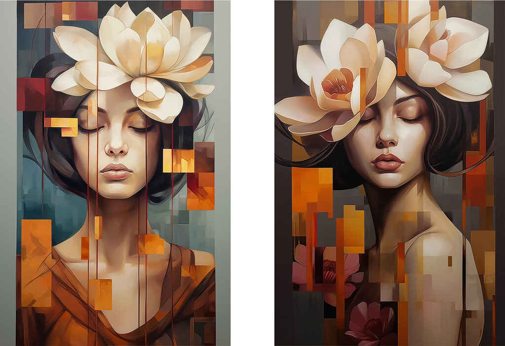 Collage van een vrouw met bloemen in haar haar — volledig ontwerp