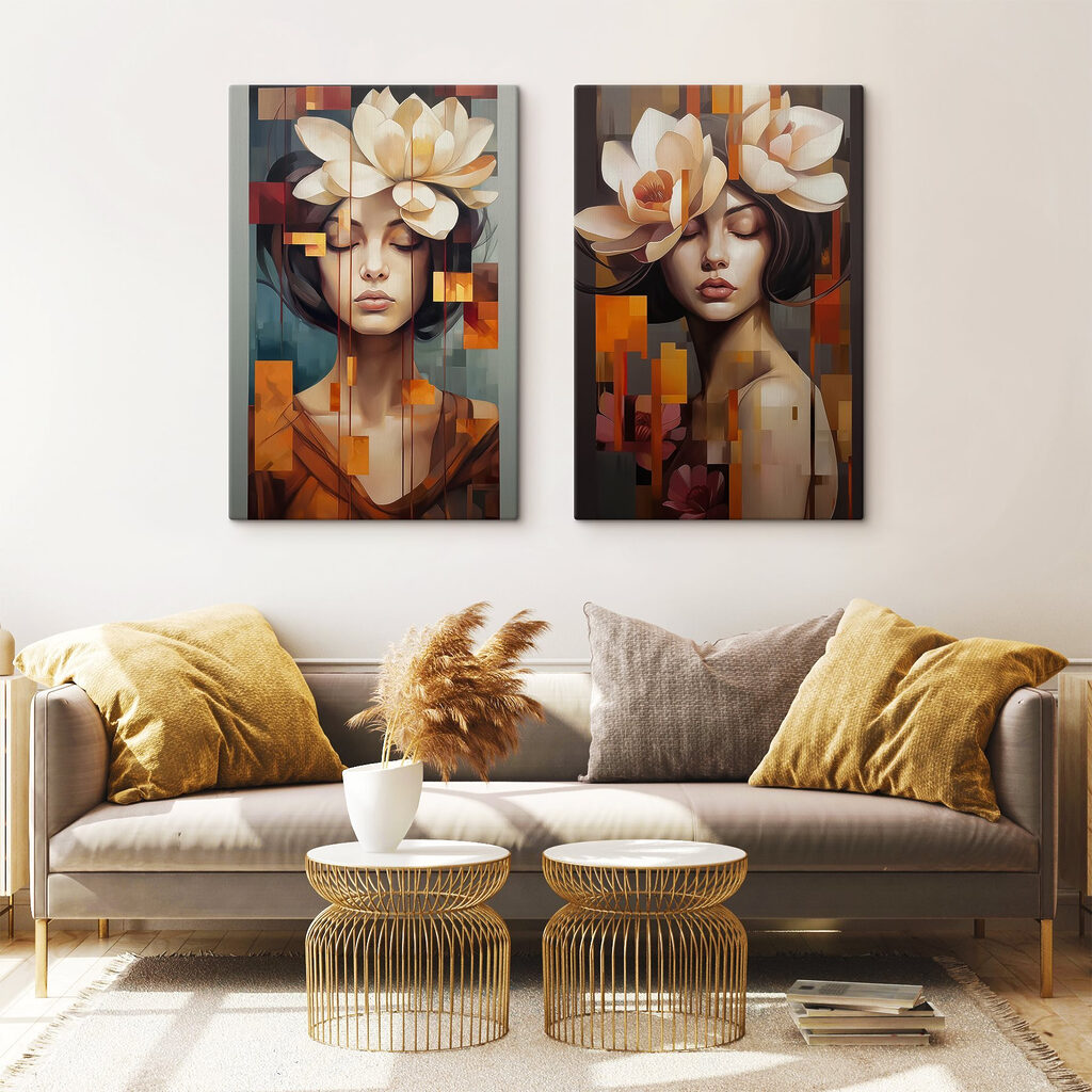 Collage van een vrouw met bloemen in haar haar — interieur 1