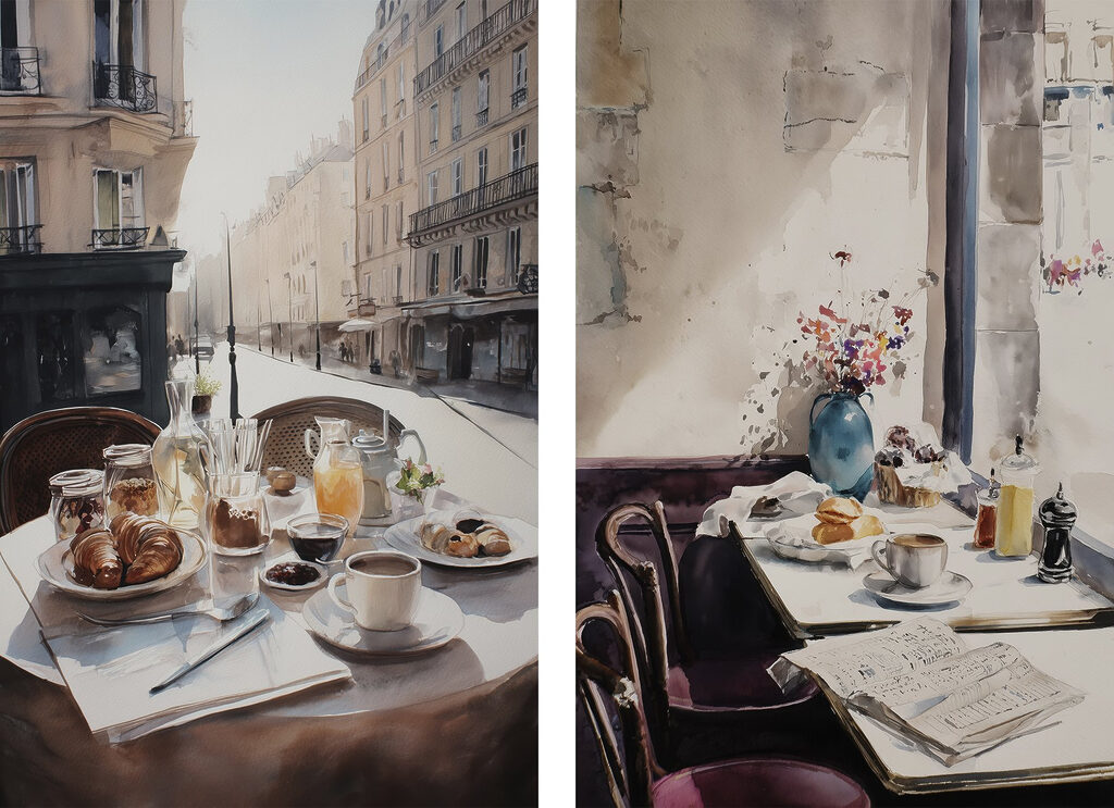 Aquarelschilderij van een tafel met eten en drinken erop — volledig ontwerp