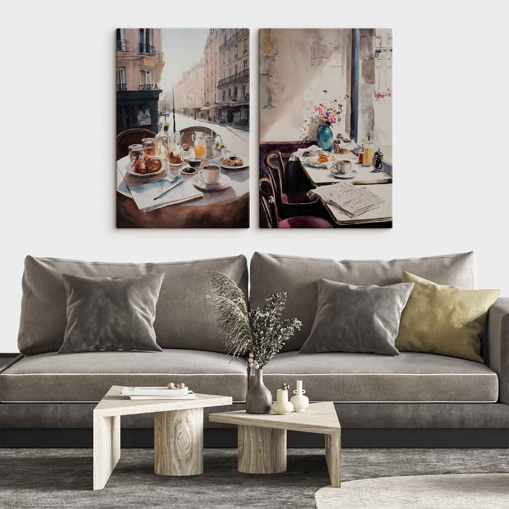 Aquarelschilderij van een tafel met eten en drinken erop — interieur 1