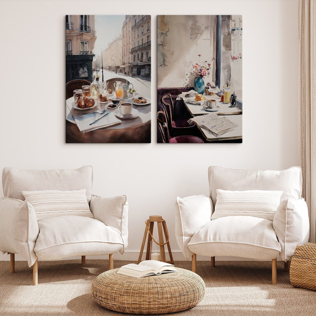 Aquarelschilderij van een tafel met eten en drinken erop — interieur 2