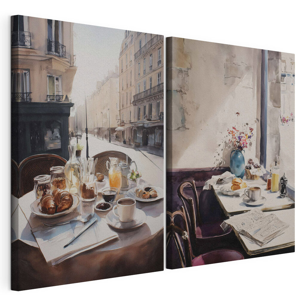 Aquarelschilderij van een tafel met eten en drinken erop — productweergave