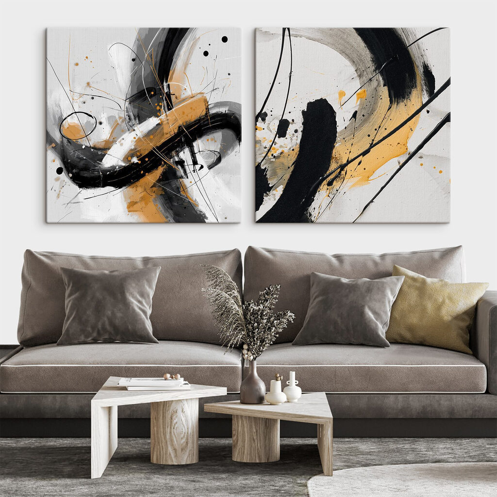 Twee kunstwerken van zwarte en gele verf — interieur 1