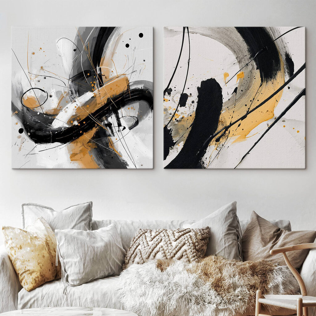 Twee kunstwerken van zwarte en gele verf — interieur 2