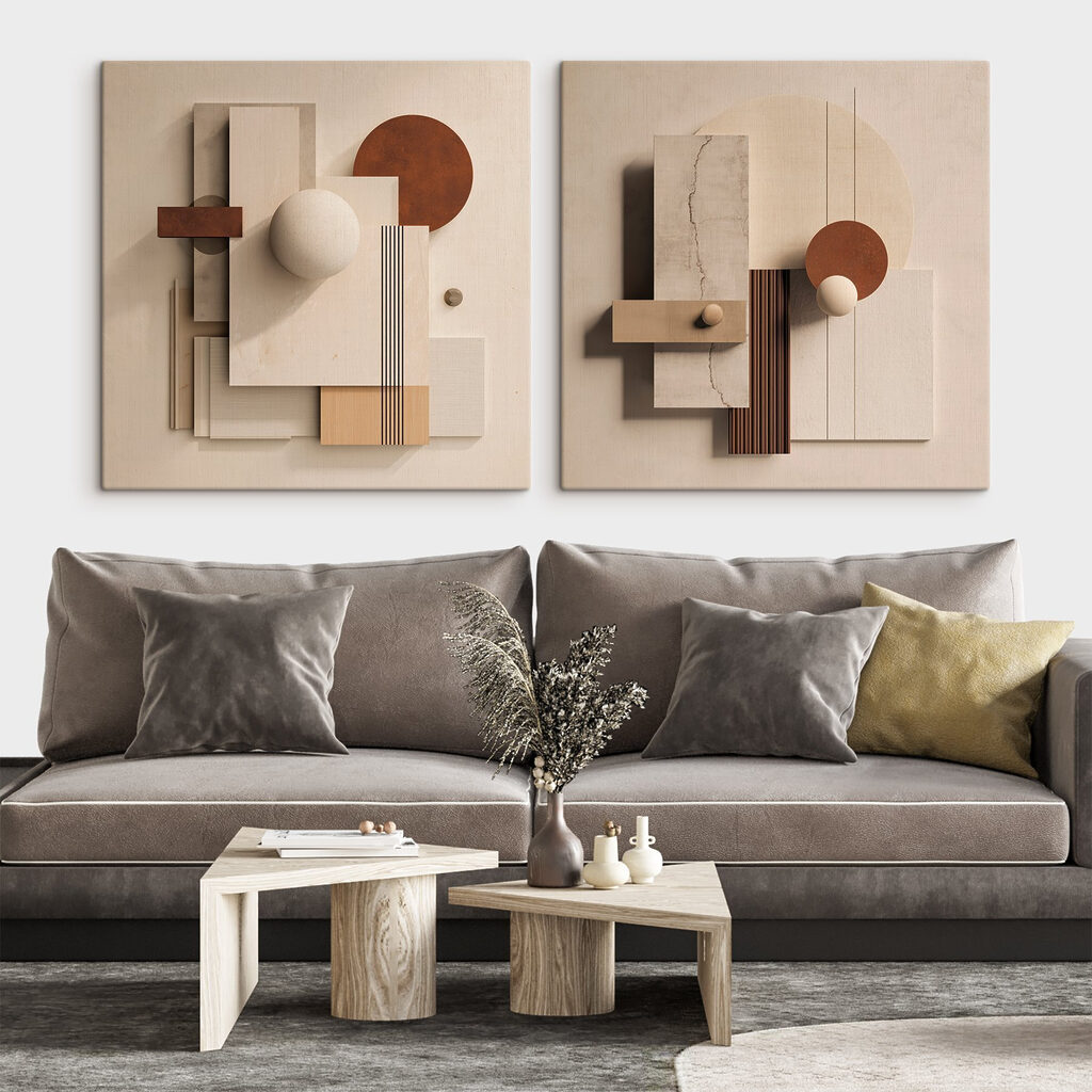 Collage van verschillende vormen en kleuren in een interieur