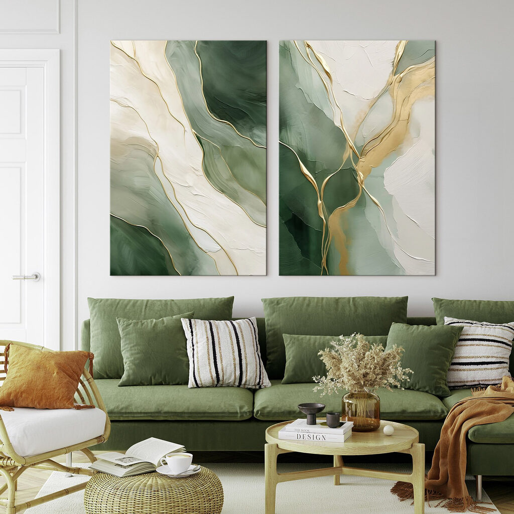 Schilderij in groene en witte kleuren in een interieur