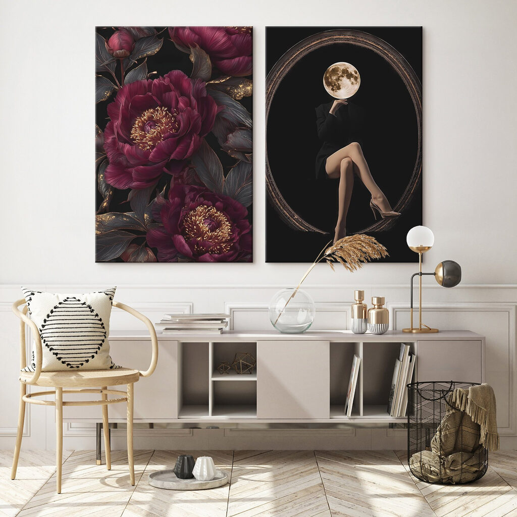 Collage van een vrouw die op een bloem zit in een interieur