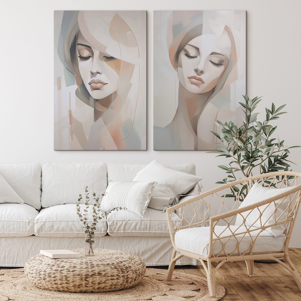 Schilderij van het gezicht van een vrouw in een interieur