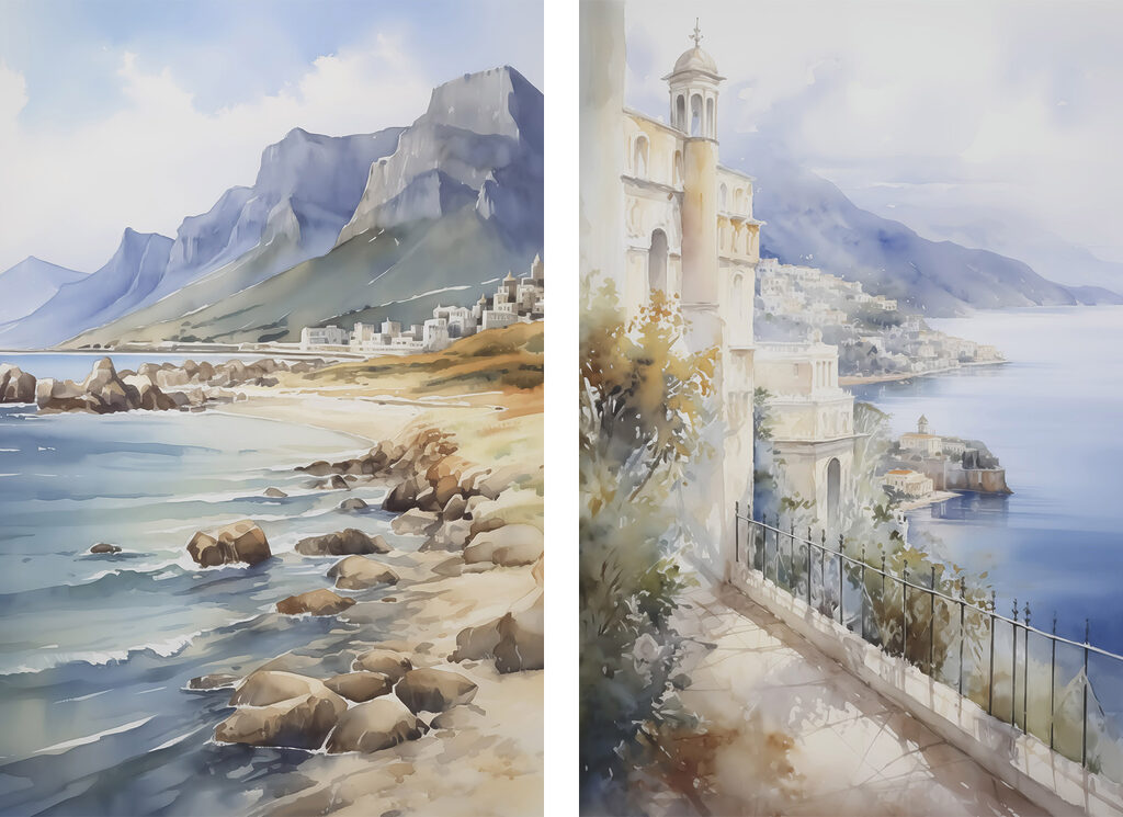Aquarelschilderij van een stad en een strand — volledig ontwerp