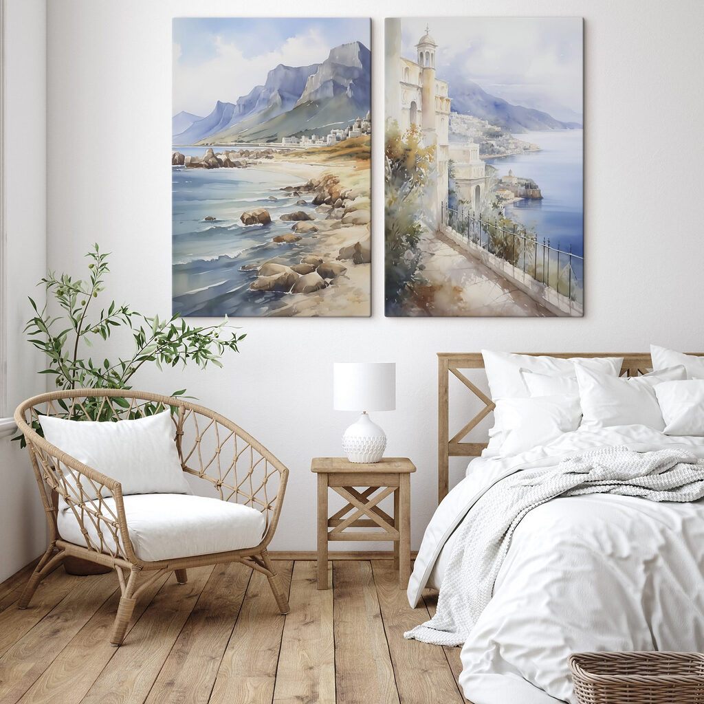 Aquarelschilderij van een stad en een strand — interieur 1