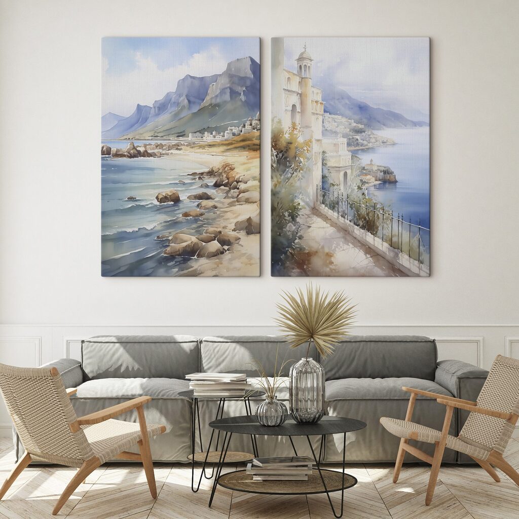 Aquarelschilderij van een stad en een strand — interieur 2
