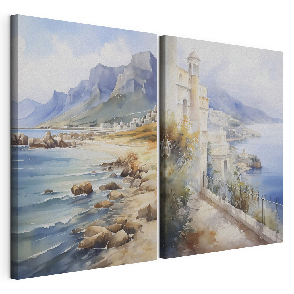 Aquarelschilderij van een stad en een strand — productweergave