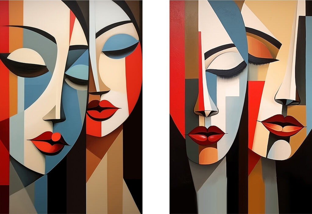 Collage van een schilderij van het gezicht van een vrouw — volledig ontwerp