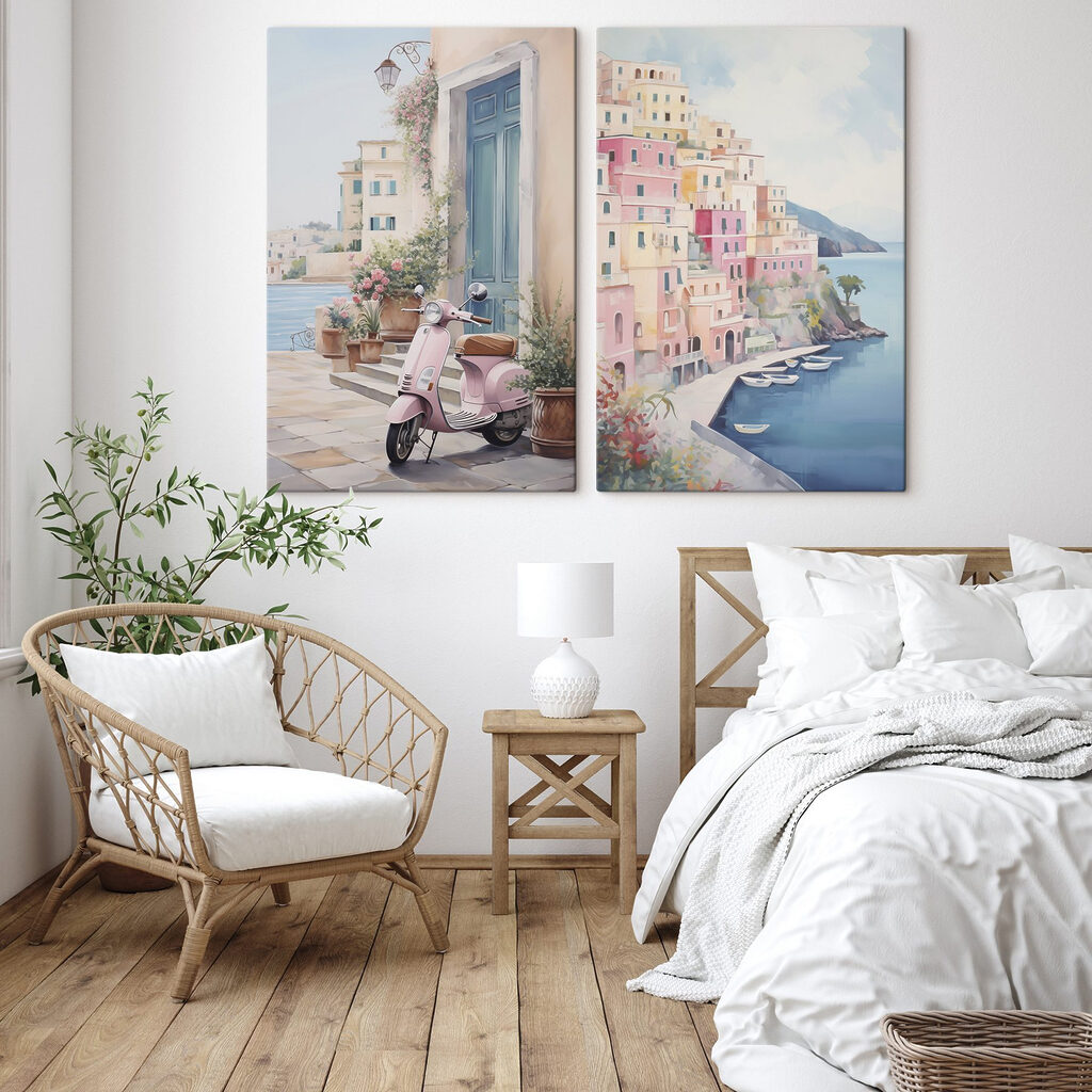 Schilderij van een roze scooter die naast een roze gebouw geparkeerd staat in een interieur