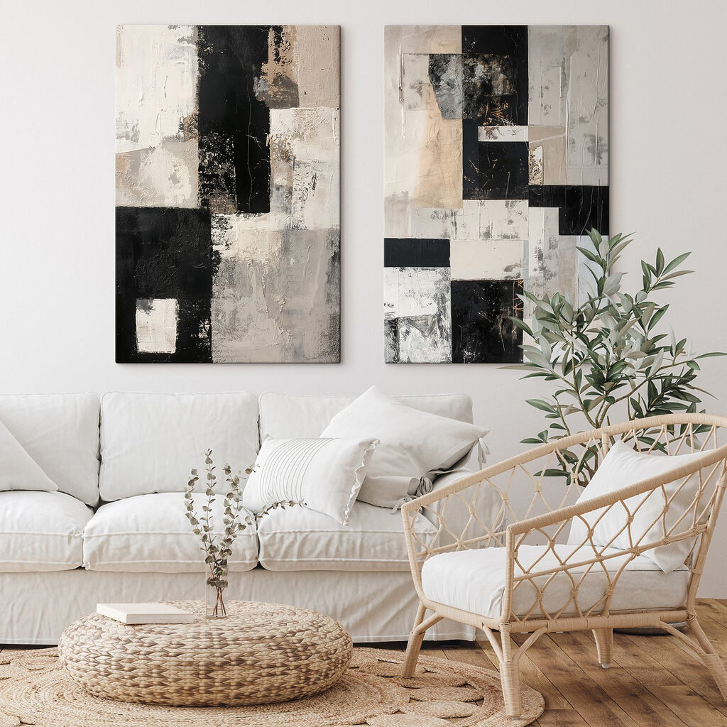 Collage van zwart-witkunst in een interieur