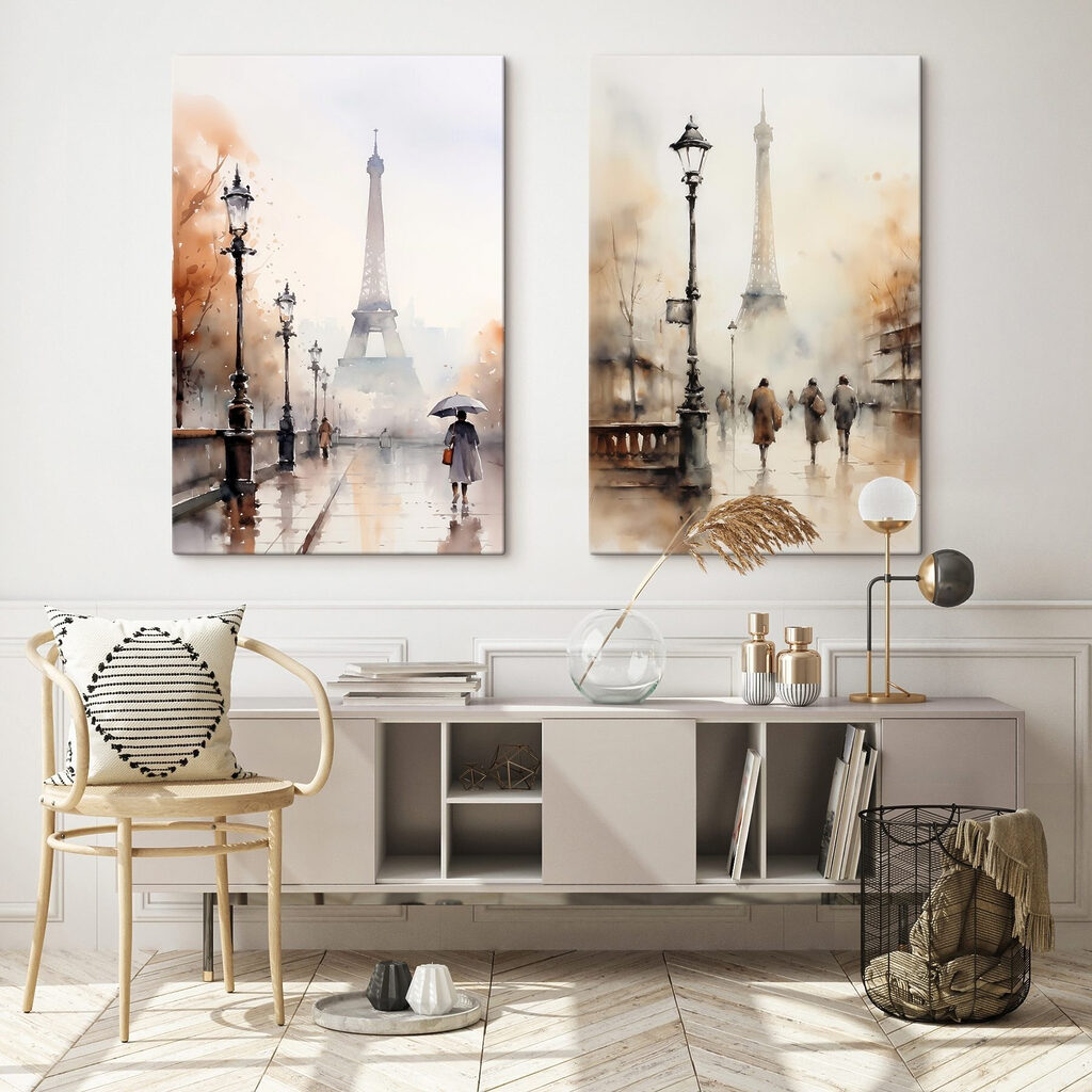 Aquarelschilderij van een straat in de stad en een vrouw die met een paraplu loopt in een interieur