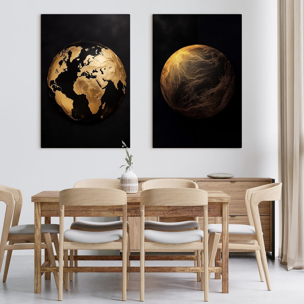 Kunstzinnige weergave van hemellichamen in een interieur