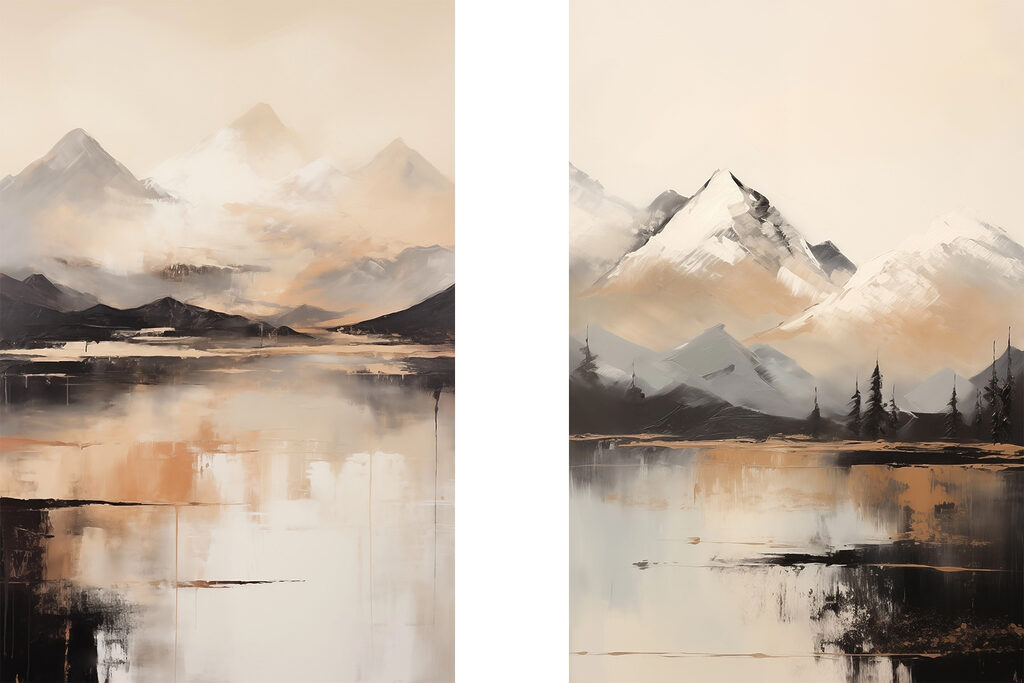 Schilderij van bergen en een meer — volledig ontwerp