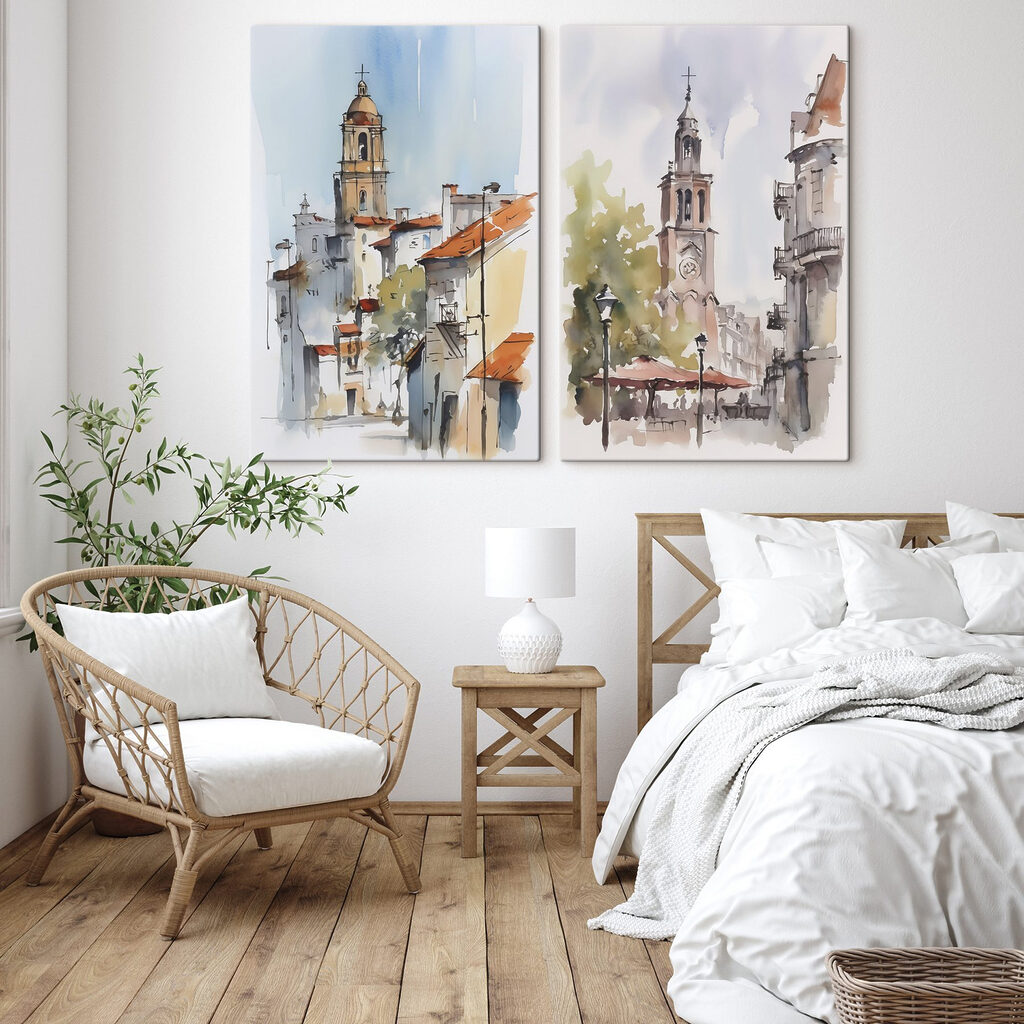 Aquarel van een kerk en een gebouw in een interieur