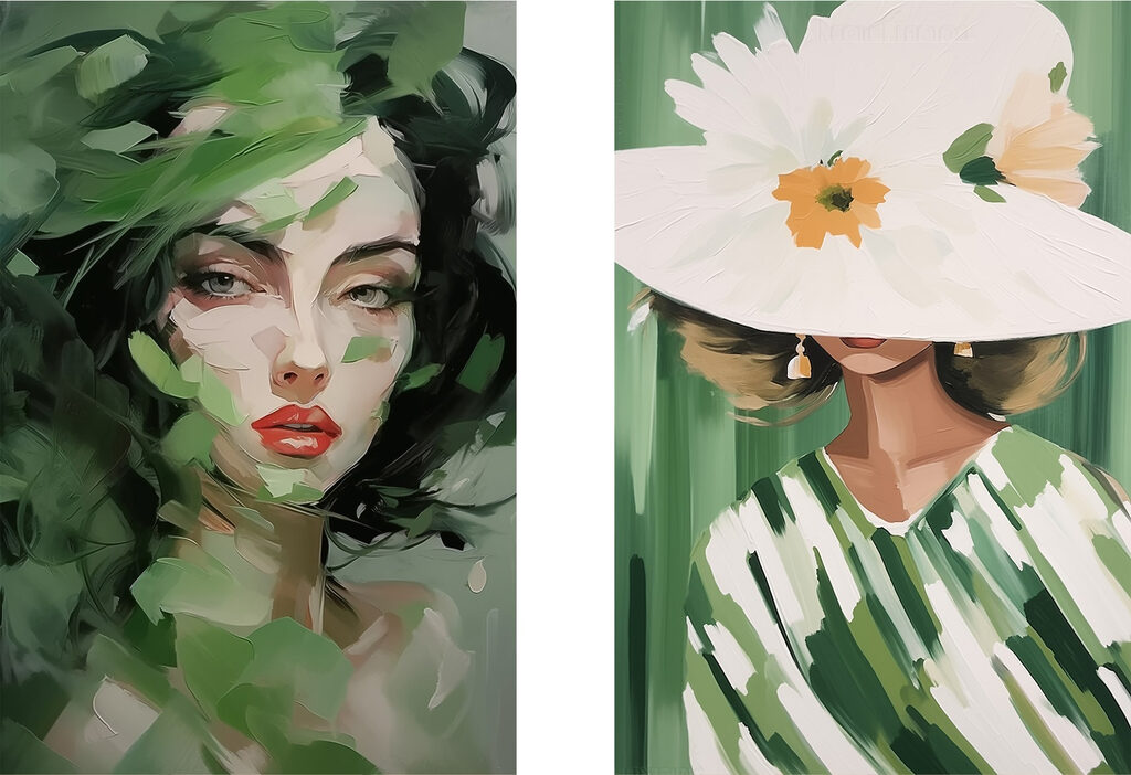 Twee foto's van vrouwen met bladeren — volledig ontwerp