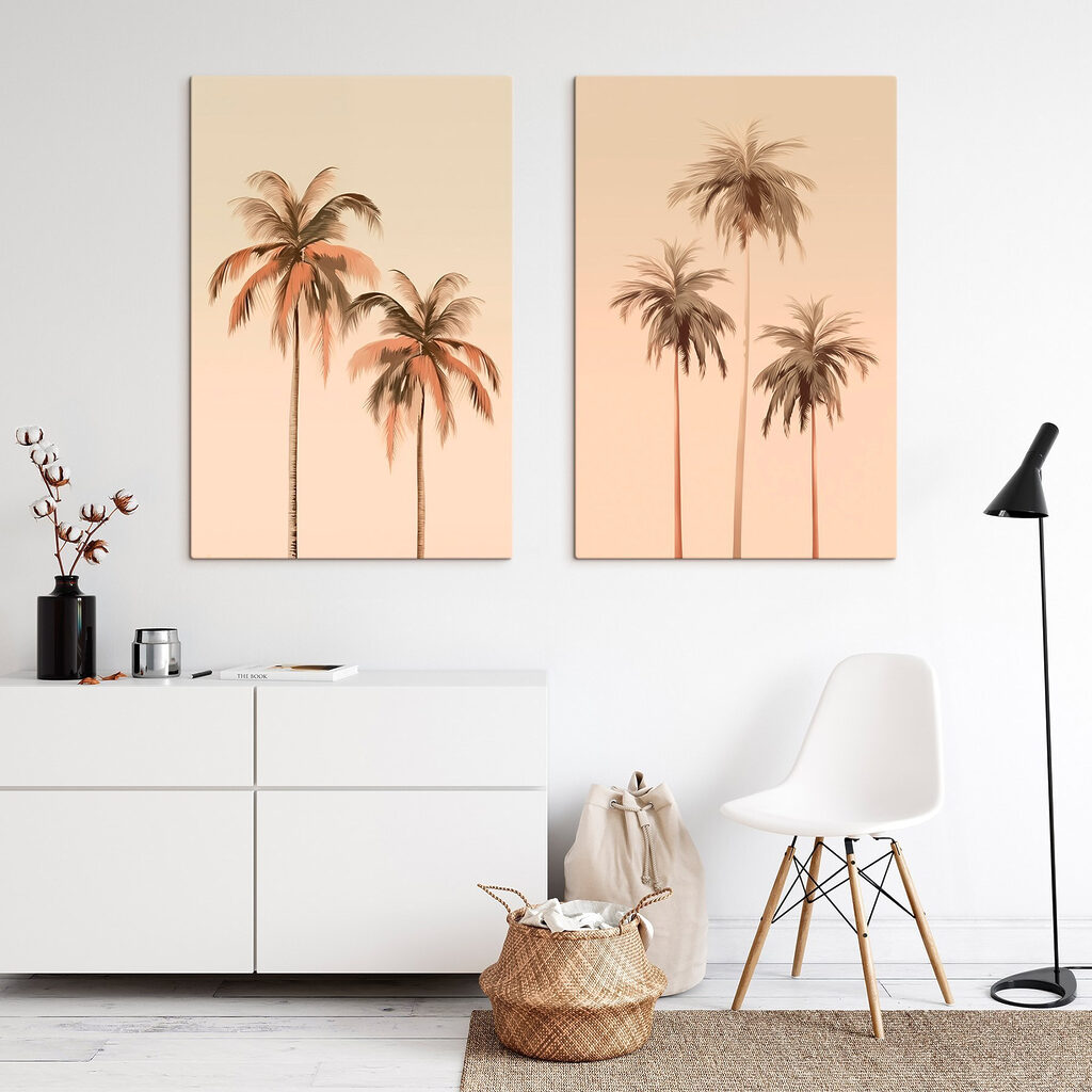 Palmbomen tegen een roze achtergrond in een interieur