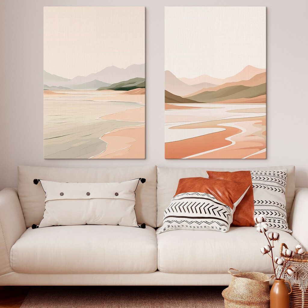 Screenshot van een schilderij van een strand en bergen in een interieur