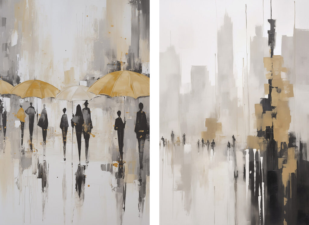 Schilderij van mensen die met paraplu’s lopen — volledig ontwerp