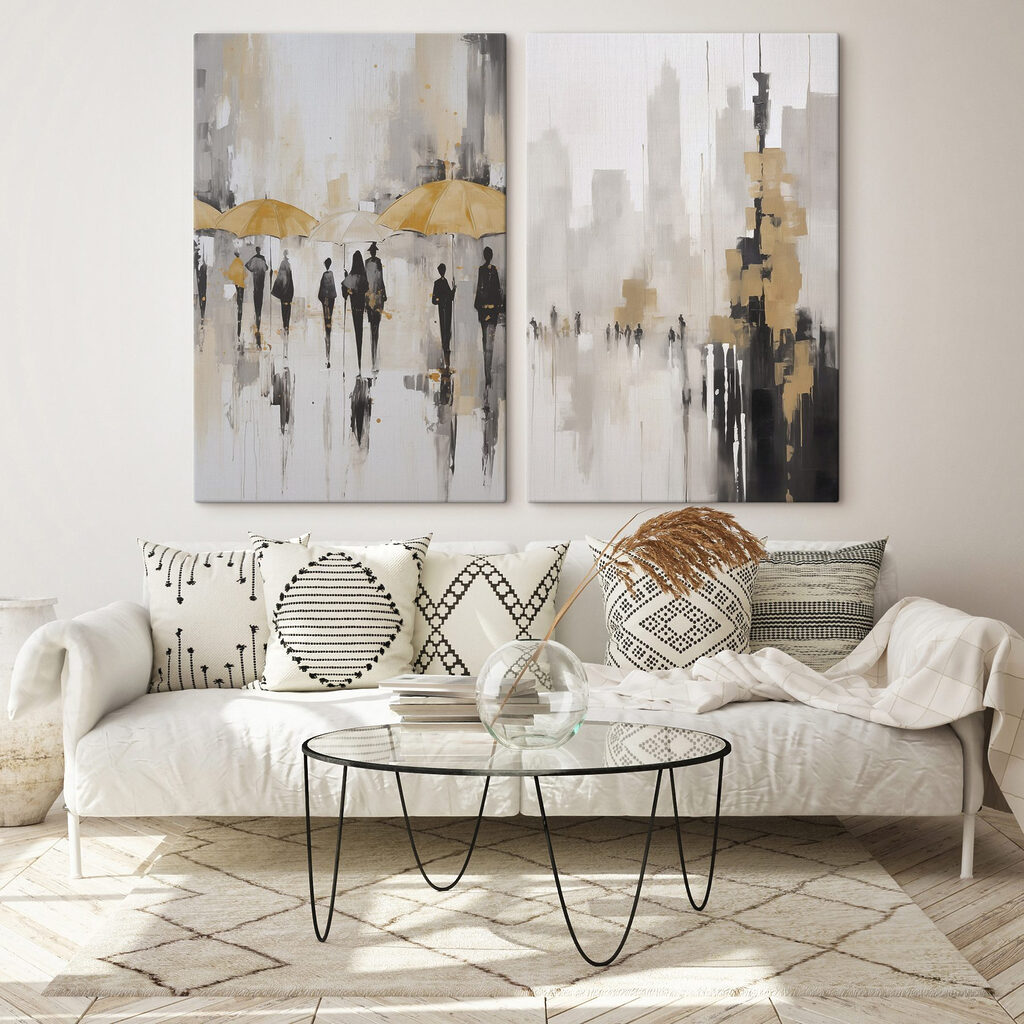 Schilderij van mensen die met paraplu’s lopen — interieur 1