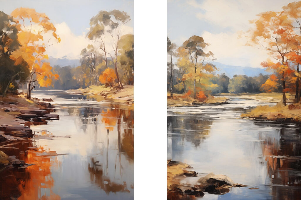 Rivier met bomen en een bewolkte hemel — volledig ontwerp