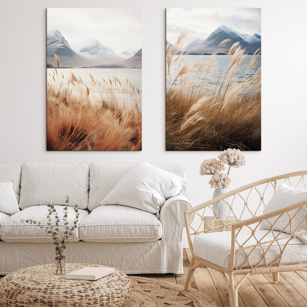 Rustig landschap met wuivend gras in een interieur