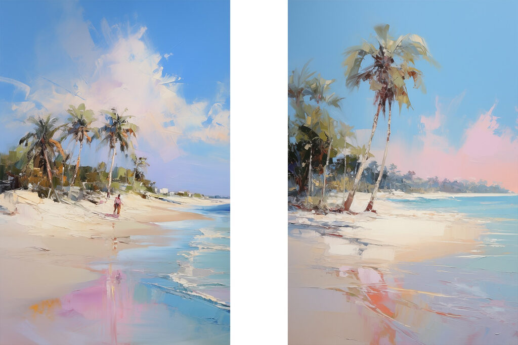 Schilderij van een strand en palmbomen — volledig ontwerp