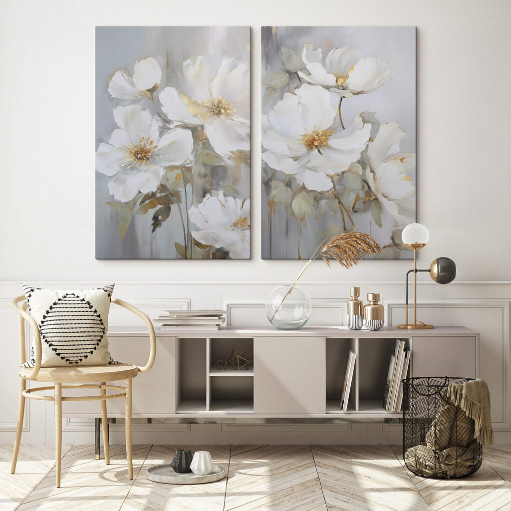 Schilderij van witte bloemen in een interieur