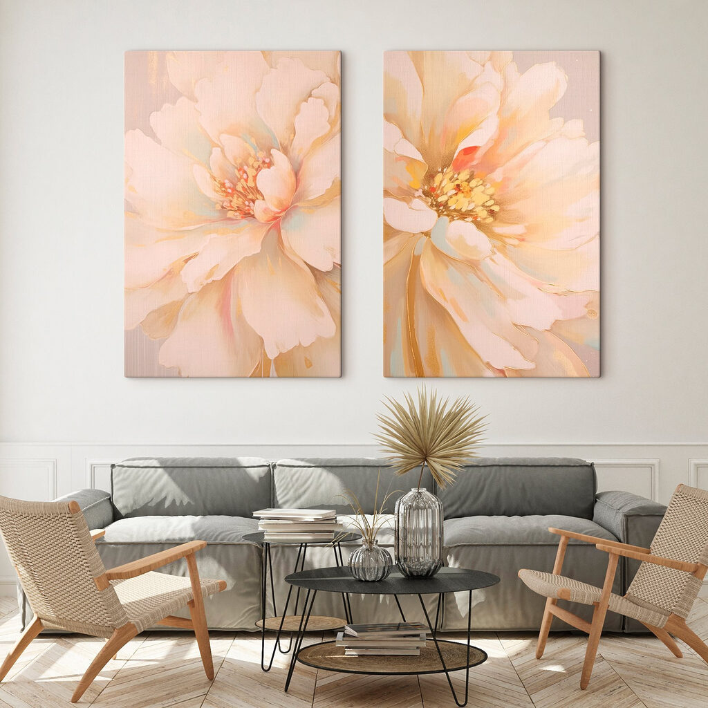 Schilderij van een bloem in een interieur