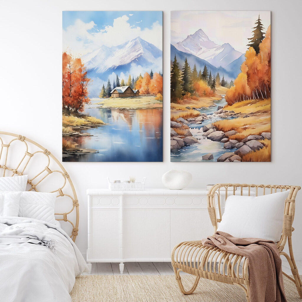 Aquarelschilderij van een huis en een rivier in een interieur