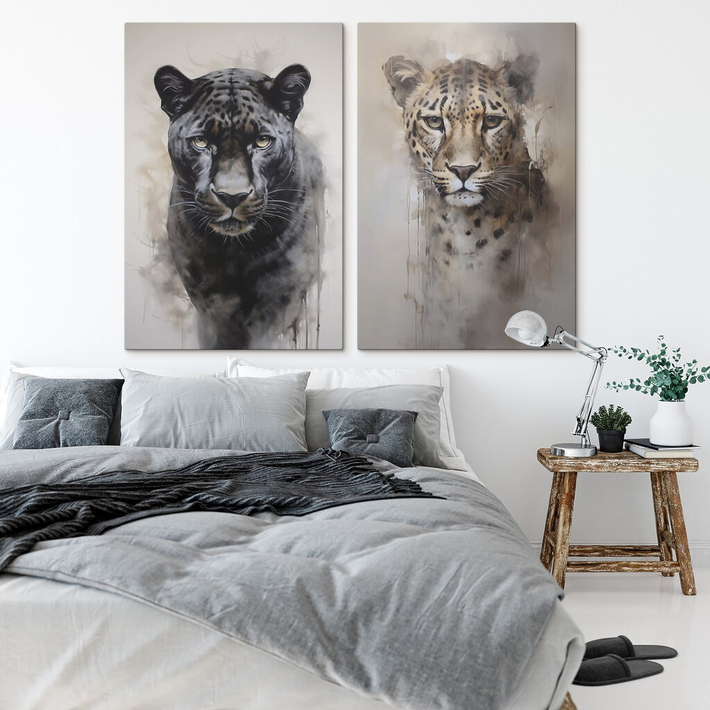 Schilderij van een luipaard en een cheeta in een interieur