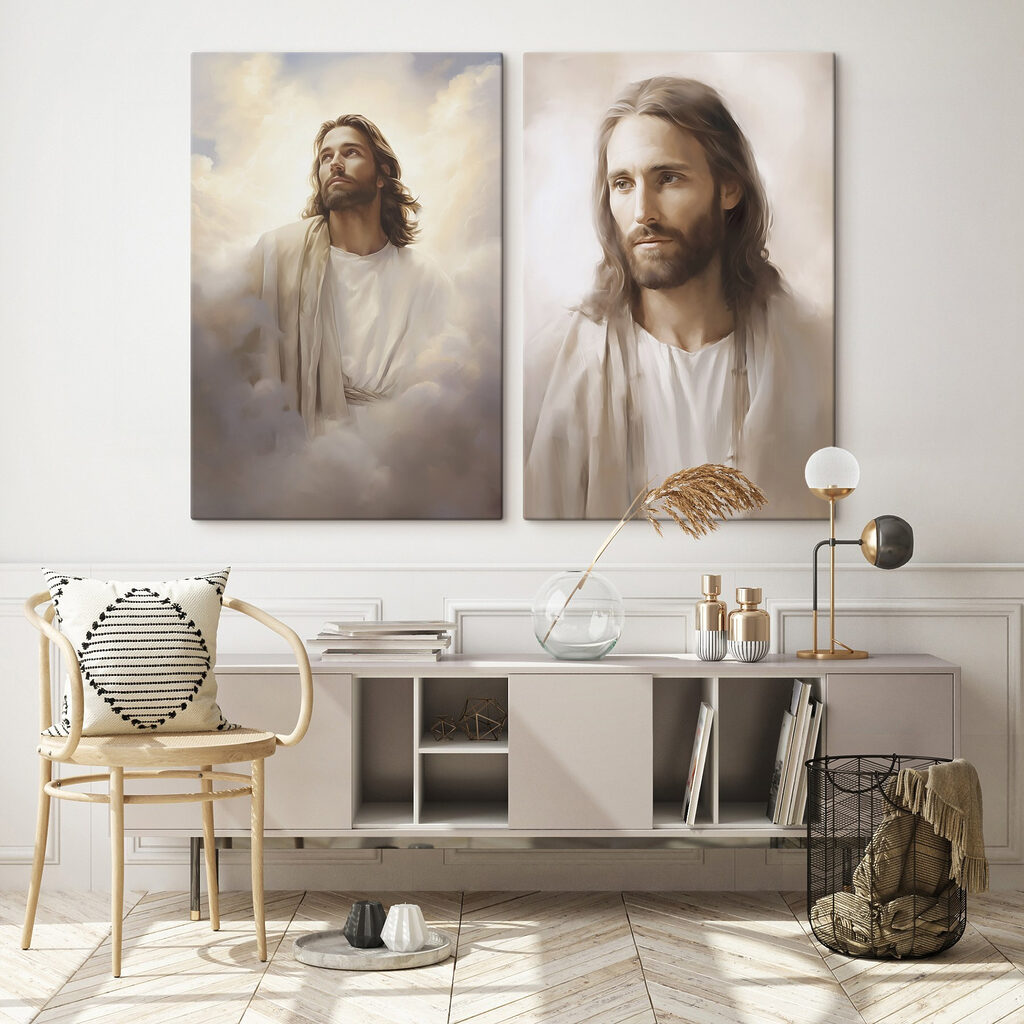 Schilderij van een man in witte gewaden in een interieur
