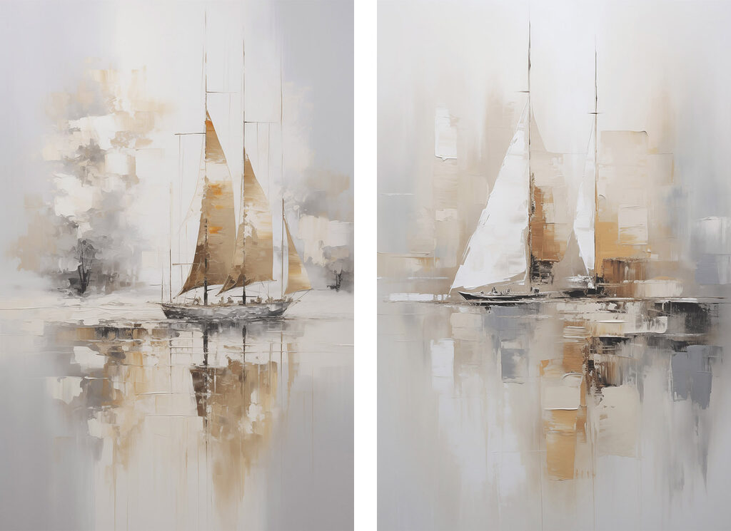 Schilderij van een zeilboot in het water — volledig ontwerp