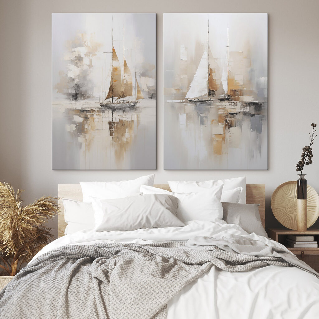 Schilderij van een zeilboot in het water in een interieur