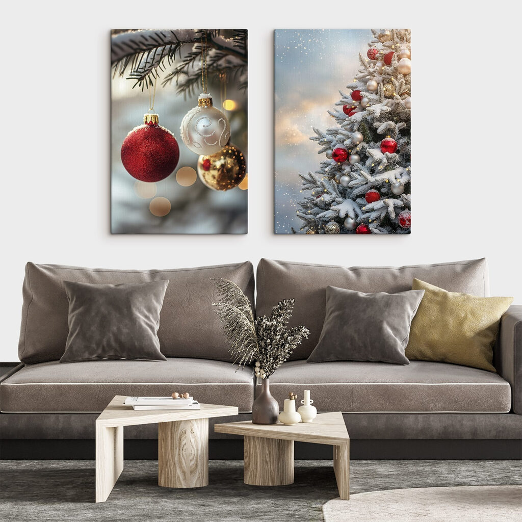 Aan de bomen hangen feestelijke versieringen in een interieur